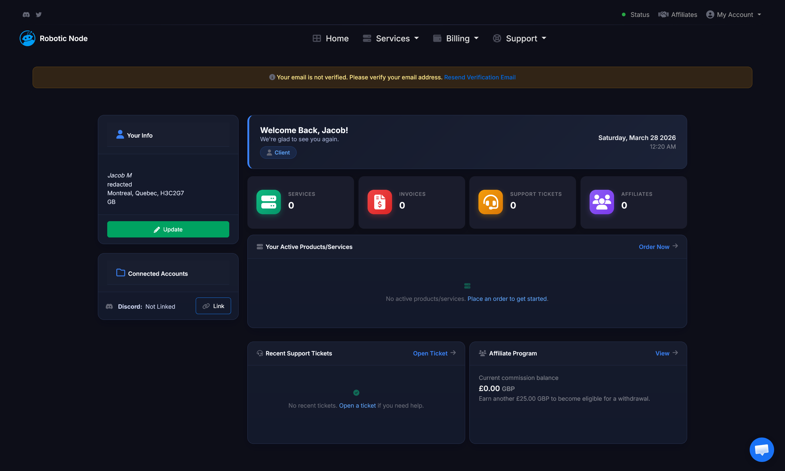 Robotic Node authenticated account area.